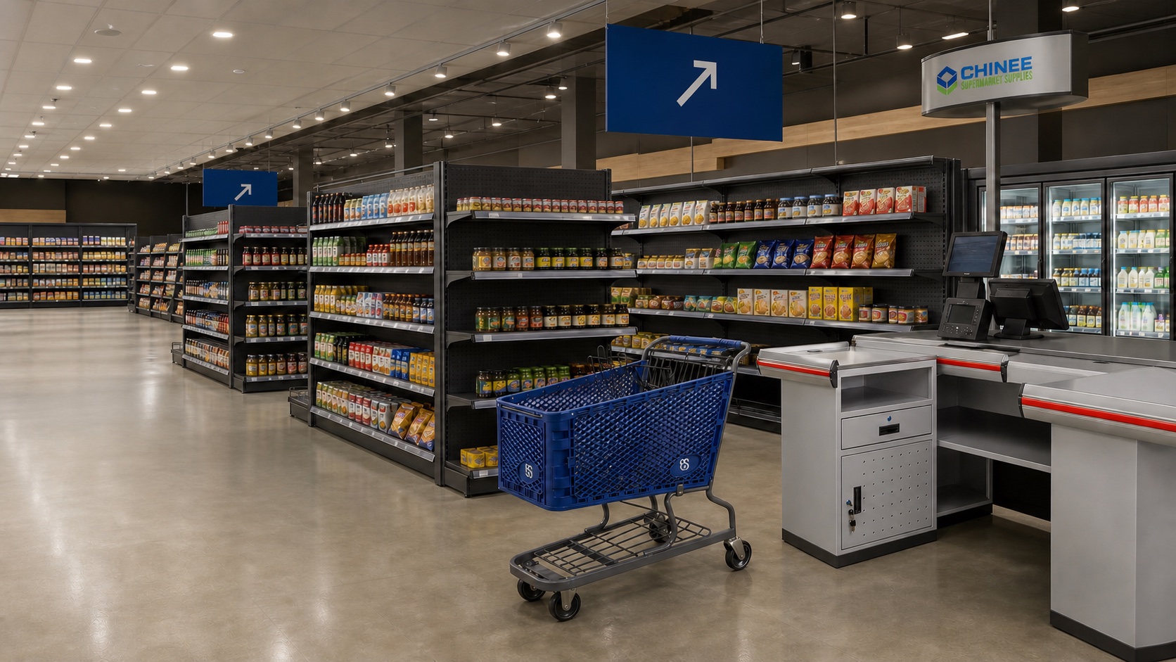 CHINEE supermarket shelving, shopping trolley and checkout equipment in a completed store