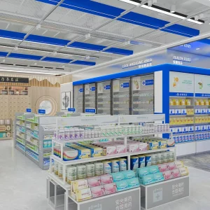 01 XDKJS A Pharmacy Shop Design Modern Drugstore Interior With Blue Theme Shelving System and Island Fixtures for Retail Stores