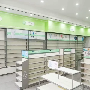 02 DYJYS007 Pharmacy Display Fixtures LED Strip Lights Eco Friendly Laminated Finish Durable Iron Wooden Shelf for Pharmacy