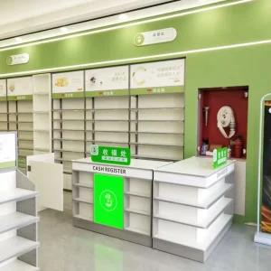 02 DYJYS009 P1 MZI Eco Friendly Pharmacy Store Interior Design Custom Layout Branded Checkout Station Fixtures Wall Mounted LED