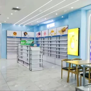 03 GJZYS002 P1 Modern Pharmacy Display System LED Lighting Laminated Finish Durable Storage for Showcase