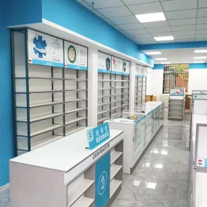 03 GJZYS005 Pharmacy Shop Furniture Pharmacy Store Cabinet Gray Wooden for Drugstore Store Design for Drugstore Store Design