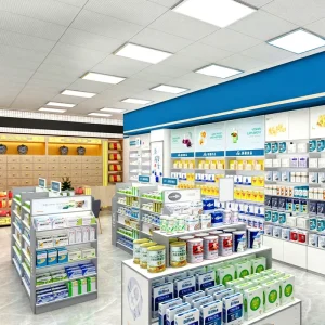 05 QWJYS009 Eco Friendly Durable Pharmacy Showcase Counter with Customizable Storage Shelves for Retail Stores