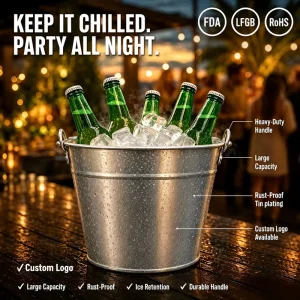 10L Custom Metal Ice Bucket Tinplate Cooler With Handle 30x22x23cmH Large Beverage Tub for Bar Party Event Catering Outdoor Use