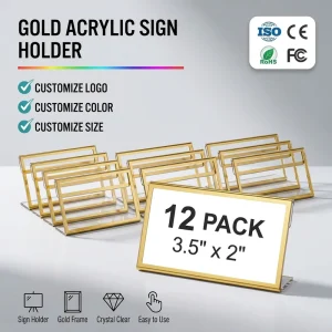 12 Pack Gold Acrylic Sign Holders 3.5 X 2 Inch Slanted L Shaped Name Tag & Price Label Display Stand for Counter Trade Show
