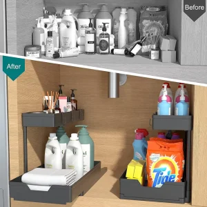 2 Tier 2 Pack Plastic Sliding L shape Sink Cabinet Organizers Narrow Space Storage Multi purpose Easy Assembly Bathroom Kitchen