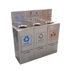 201 Stainless Steel Eco Friendly Powder Coated Garbage Bin with Backboard 3 Compartment Recycle Bin for Commercial Outdoor Use