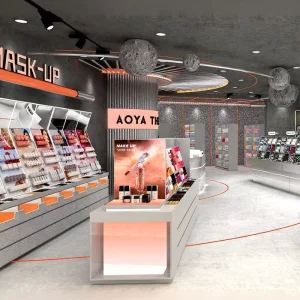 22 SYMLS Cosmetic Store Fixtures Aluminum Molded Brushed Stainless Steel Perfume Shop Display Furniture for Retail Store Display