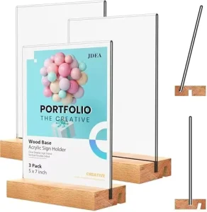 3 Pack 5×7 Inch Vertical Slant Displays Acrylic Sign Holder Wood Base Plexiglass Display Stand Model Pop A4 Size 2mm Thickness