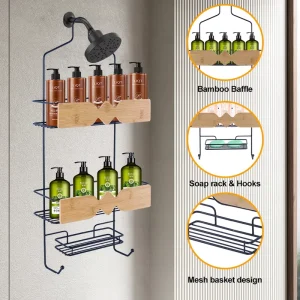 3 Tier Overhead Shower Caddy Rustproof Hanging Shower Organizer Metal Bamboo Bathroom Shelves with Hooks