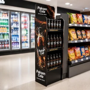 3 Tier Vertical Printed Cardboard Floor Display Stand for Plastic Bottle Carbonated Soda Drink Beverage Grocery POP Rack