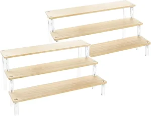 3 Tiers Counter Shelf Acrylic Legs Wooden Top Stand POP Figures Display Risers