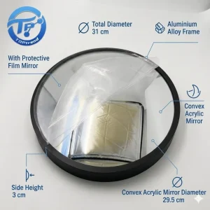 30cm Convex Security Mirror with Hook Matte Aluminum Framed Wall Mount Office Desktop Wide Angle Blind Spot Panoramic Mirror