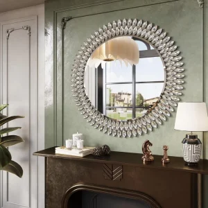 32″ Engineered Wood Framed Wall Vanity Mirror Modern Luxury Beveled Jeweled Design for Bedroom Living Room Bathroom