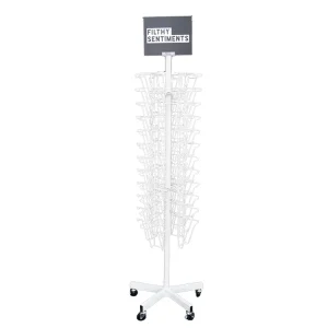 360 Degree Rotating Floor Metal Spinner 18*65 Inches 48 Pocket Greeting Card Display Stand With Sign Holder and Wheels