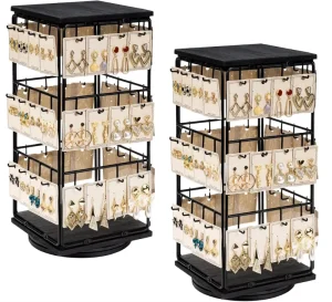 360 Rotating 4 Tier Metal Earring Display Stand Polished Surface Wooden Base Rustic Style Easy Assembly Flat Black Card Rack