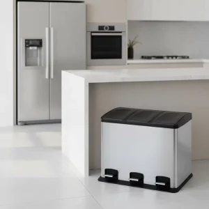 36L Recycling Bins 410 Stainless Steel Standing Rolling Cover 3 Compartment Kitchen Waste Trash Can Garbage Storage