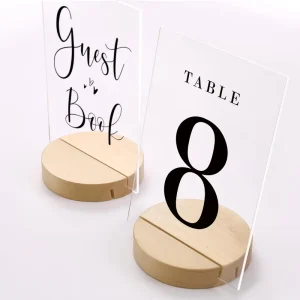 4 Round Birch Wood Stand Clear Acrylic Table Number Bar Menu Holder Retail Sign Card Display