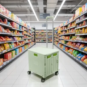 4 Wheels Portable Durable Trolley Foldable Shopping Trolley Cart Box with Lid and 360 Wheels 45L