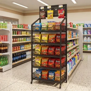 5 Tier Wire Basket Supermarket Display Rack Mobile Snack Shelf with Wheels Pegboard Metal Bread Display Stand for Retail Store