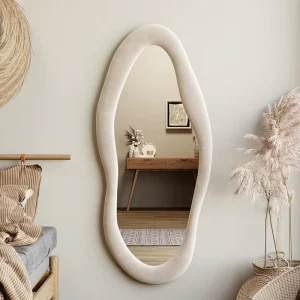 55″ X 24″ Oval Wall Mirror Flannel Wrapped Wooden Frame Wavy Irregular Shape Hanging for Cloakroom Bedroom Living Room