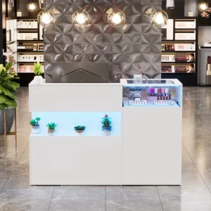 59 Modern Reception Desk with LED Light and Glass Display Shelf Stylish Retail Checkout Counter with Display Shelves