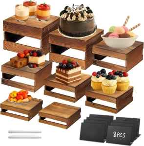 6 Pack Wooden Crates for Display Wooden Risers Square Food Risers for Buffet Party Rustic Wood Cake & Cupcake Stands