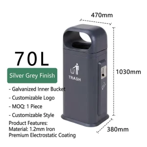 70L Commercial Waste Bin Side Flip Lid Heavy Duty Iron Trash Can Large Capacity Outdoor Bin for Airport Mall Office