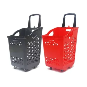 70L Supermarket Store Plastic Shopping Basket with Wheels Rolling Basket Trolley Cart
