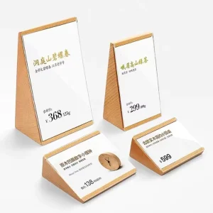 90X55mm Wood Products Price Label Display Slant Table Dessert Paper Tag Stand Acrylic Sign Card Holder