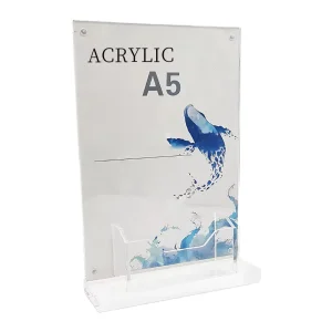 A5 Acrylic Sign Holder with Business Card Pocket Vertical Tabletop Menu Stand for Cafe Retail and Exhibition