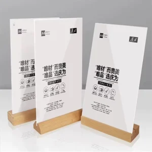 Acrylic Sign Holder Wooden Base Double Sided Frame for Office Countertop Advertising Display Stand for Stores