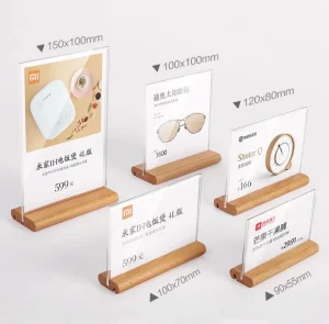 Acrylic T L Shape Price Tag Wooden Menu Display Stand Wood Photo Holder for Fast Food Restaurant Hotel Use