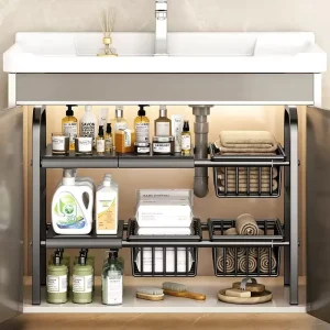 Adjustable Double Tier Non Folding Stainless Steel Sink Storage Organizer Removable Expendable Cutlery Cabinet Black White
