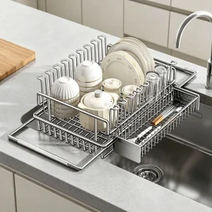 Adjustable Retractable Dish Drying Rack Single Tier Stainless Steel Kitchen Sink Drainer Space Saving Dish Rack for Countertop