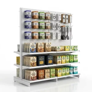 Adjustable White Metal Store Display Rack Double Sided Gondola Shelf for Grocery Shop Convenience Store Pharmacy Retail