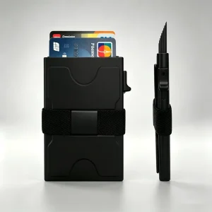 Aerospace Aluminum RFID Blocking Auto Pop-Up Card Holder Wallet with Elastic Cash Strap