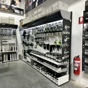 All in one Perforated Display Rack for Woodworking Power Tools Pegboard Multi tier Shelves with Curved LED Light Header