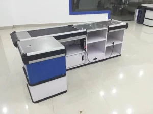 Auto Supermarket Cashier Counter Checkout Counter With Electronic Conveyor Belt Electronic Cashier Counter Stainless Steel