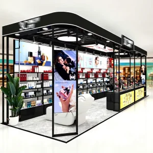 BKC024 B Elegant Eco Friendly Cosmetic Kiosk Customized Makeup Shopfitting LED Lit Black Display Fixtures for Mall