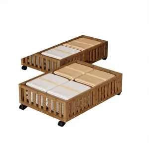 Bamboo Bed Storage Wheels Rolling Underbed Shoe Organizer Box Blankets Toys Clothes Container Space Saving Bins Bedroom Closet