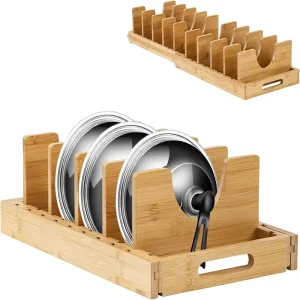 Bamboo Lid Organizer Cabinet 2 in 1 Expandable Adjustable Pot Lids Holder Rack Cutting Board Plate Organizer Countertop Durable