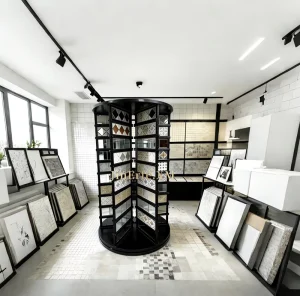 Bathroom Mosaic Tiles Display Rack Rotating Floor Standing Metal Shelf for Porcelain & Ceramic Tile Marble Quartz Stone Samples