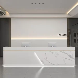 Bespoke Artisan Professional Wood MDF Cashier Register Reception Desk Front Office Counter LED Light Lobby Furniture