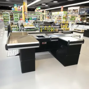 Big Slope Embedded Template Hypermarket Cashier Checkout Counter Supermarket Cash Table with Steel Metal Material