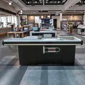 Big Slope Embedded Template Hypermarket Cashier Checkout Counter Supermarket Cash Table with Steel Metal Material