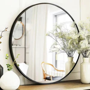 Black Round Mirror 24 Inch Matte Metal Frame Wall Mounted Handmade Minimalist for Wedding Living Room Entryway