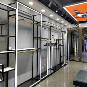 Black Stainless Steel Women Clothing Display Rack with LED Light Boutique Garment Shelf for Retail Store Interior