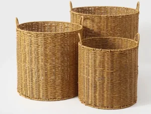 Blanket Basket for Living Room PP Rattan Laundry Hamper with Reinforced Handles Storage Bin for Pillows Comforters & Toys