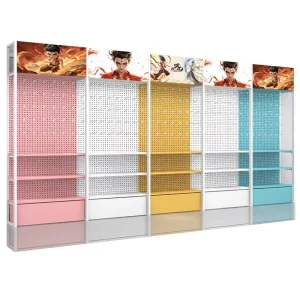 Boutique Stationery Steel wood Structure Pegboard Shelf Hooks Trendy Guzi Toys and Blind Boxes Mall Display Rack